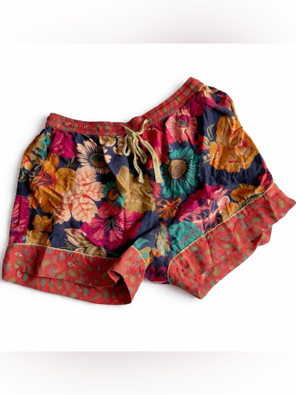 Floral Lounge Shorts Womens Small Boho Elastic Waist Drawstring Summer Casual